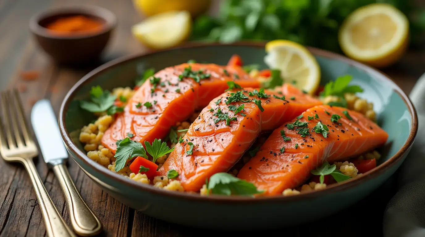 Salmon bowl with avocado, rice, broccoli, and sesame seeds.