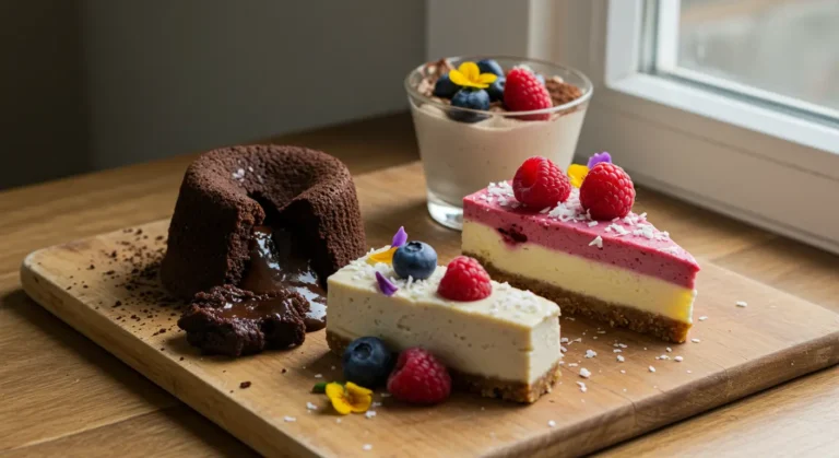 A variety of vibrant and mouthwatering vegan desserts, including chocolate cake, chia pudding, and banana bread, perfect for sweet cravings.