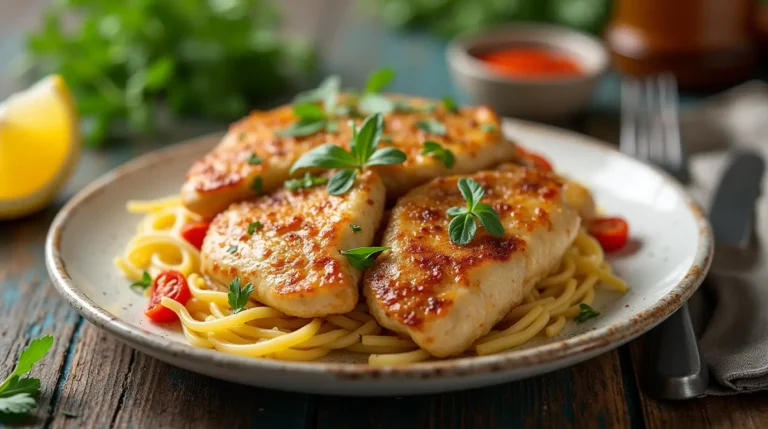 Garlic Parmesan Chicken Pasta served in a white bowl