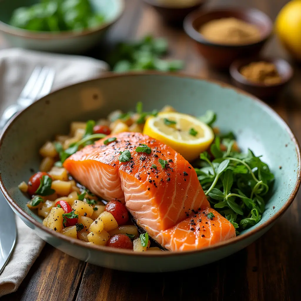 Salmon Bowls topped with teriyaki sauce, sesame seeds, and green onions.