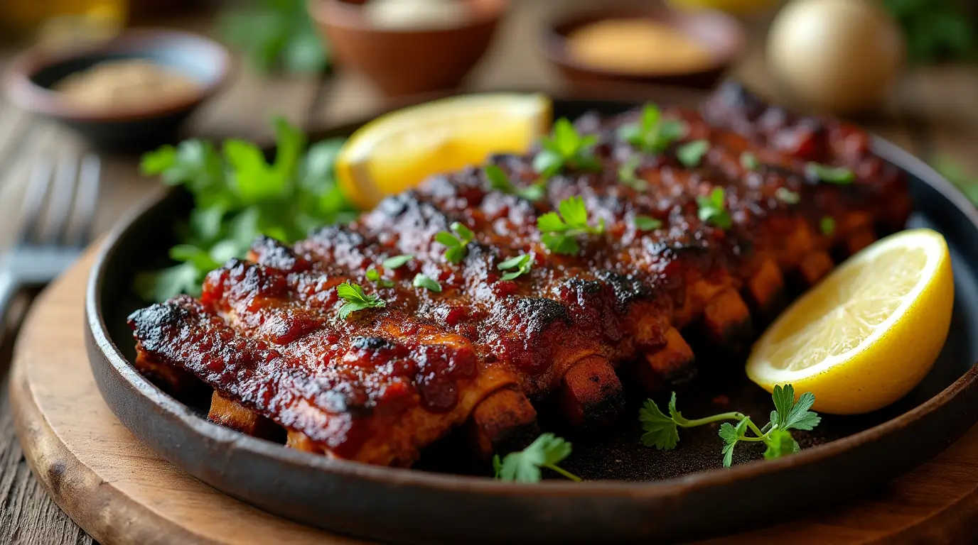 Delicious oven-baked beef back ribs served on a platter with barbecue sauce