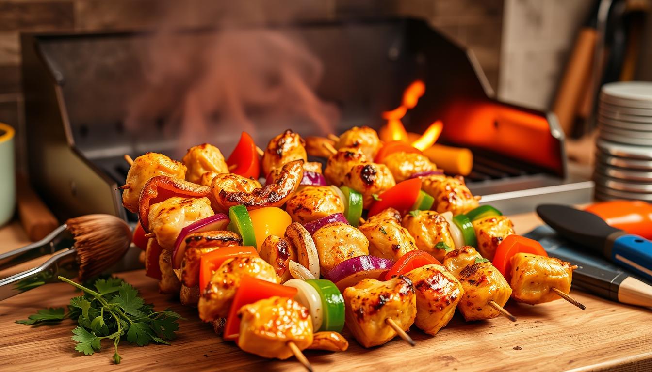 Grilled Costco chicken skewers served on a plate with dipping sauce and fresh herbs