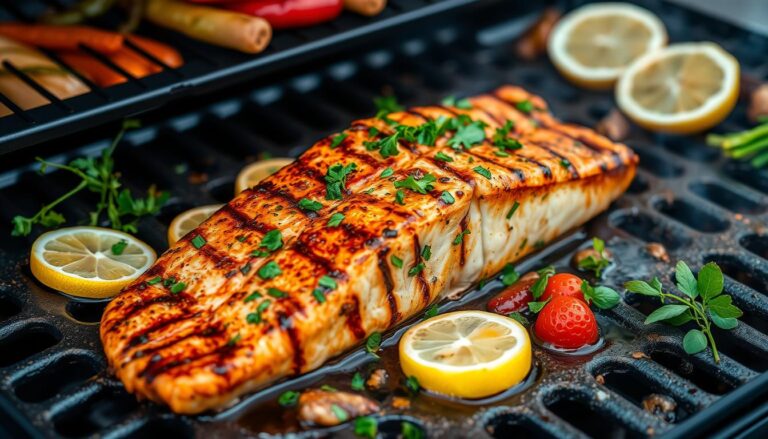 A perfectly grilled salmon fillet with a golden, crispy exterior, garnished with fresh herbs and lemon slices.