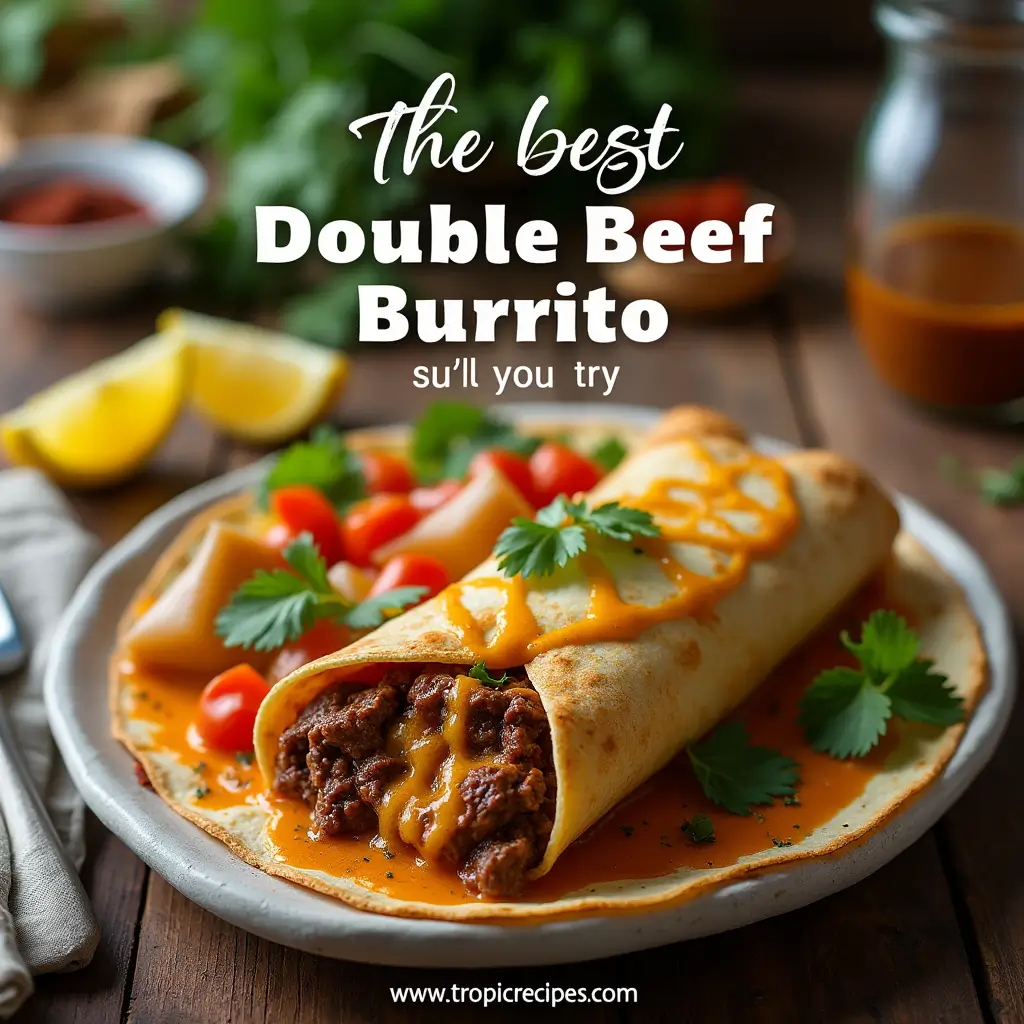 Freshly made cheesy double beef burrito wrapped and ready to eat