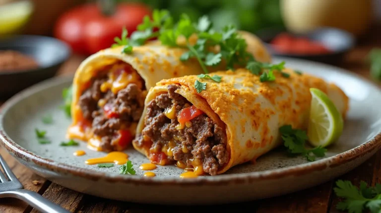 Cheesy Double Beef Burrito with melted cheese and flavorful beef filling