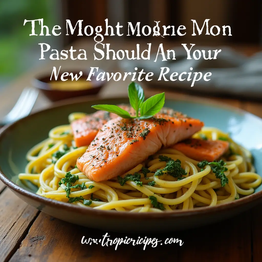 Close-up of salmon pesto pasta with perfectly cooked salmon and a rich pesto sauce clinging to the pasta.