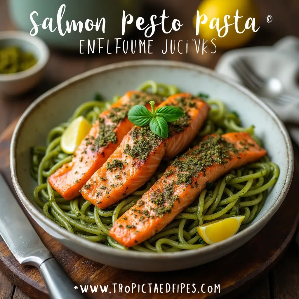 A vibrant bowl of pasta with fresh salmon and pesto sauce, ready to be enjoyed as a hearty meal.
