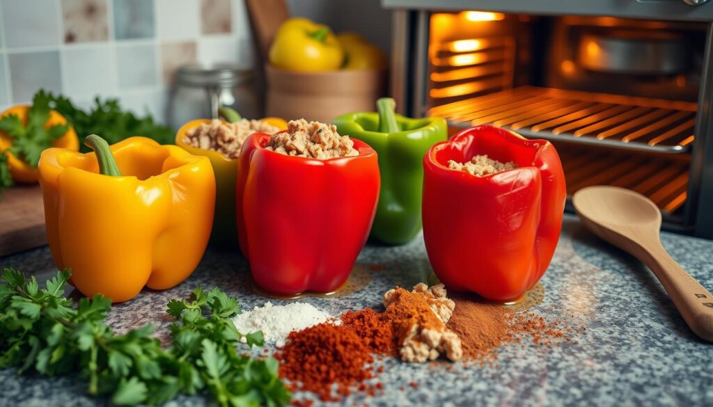 Juicy turkey stuffed bell peppers with melted cheese on top