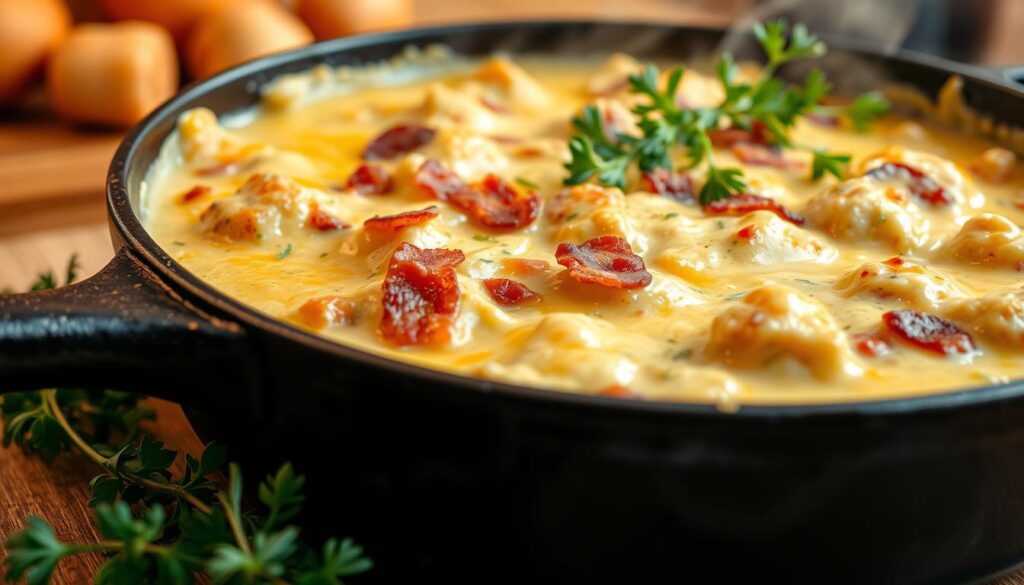 Cheesy and creamy Crack Chicken Casserole with bacon
