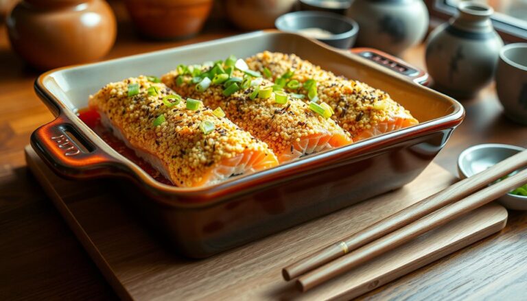 Golden-baked salmon sushi casserole with a crispy topping