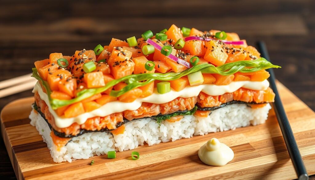 Serving of salmon sushi bake with chopsticks