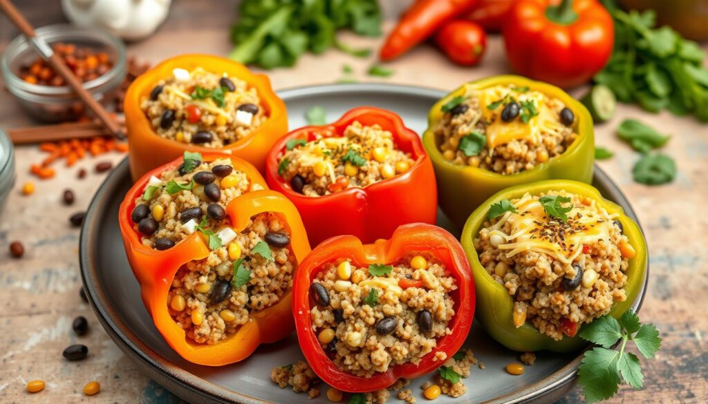 Healthy ground turkey stuffed peppers baked to perfection