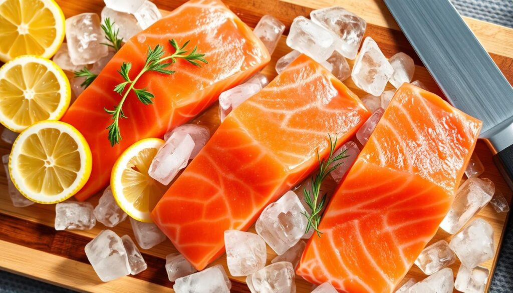 Close-up of a salmon sushi bake topped with fresh avocado slices