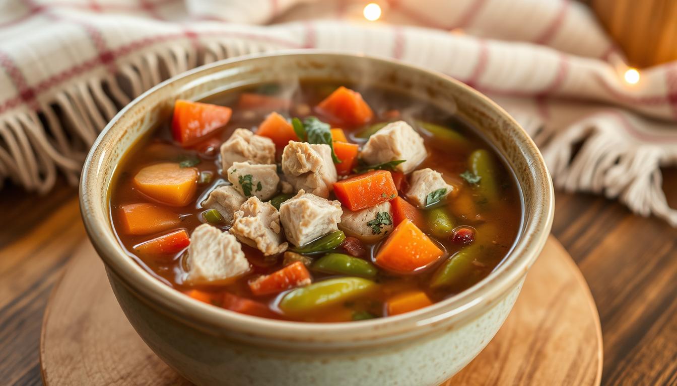 Bowl of hearty turkey vegetable soup garnished with fresh herbs