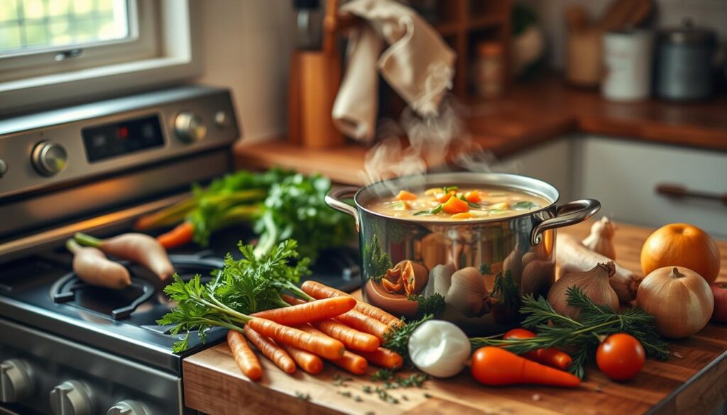 Spoonful of turkey vegetable soup filled with vegetables and turkey pieces