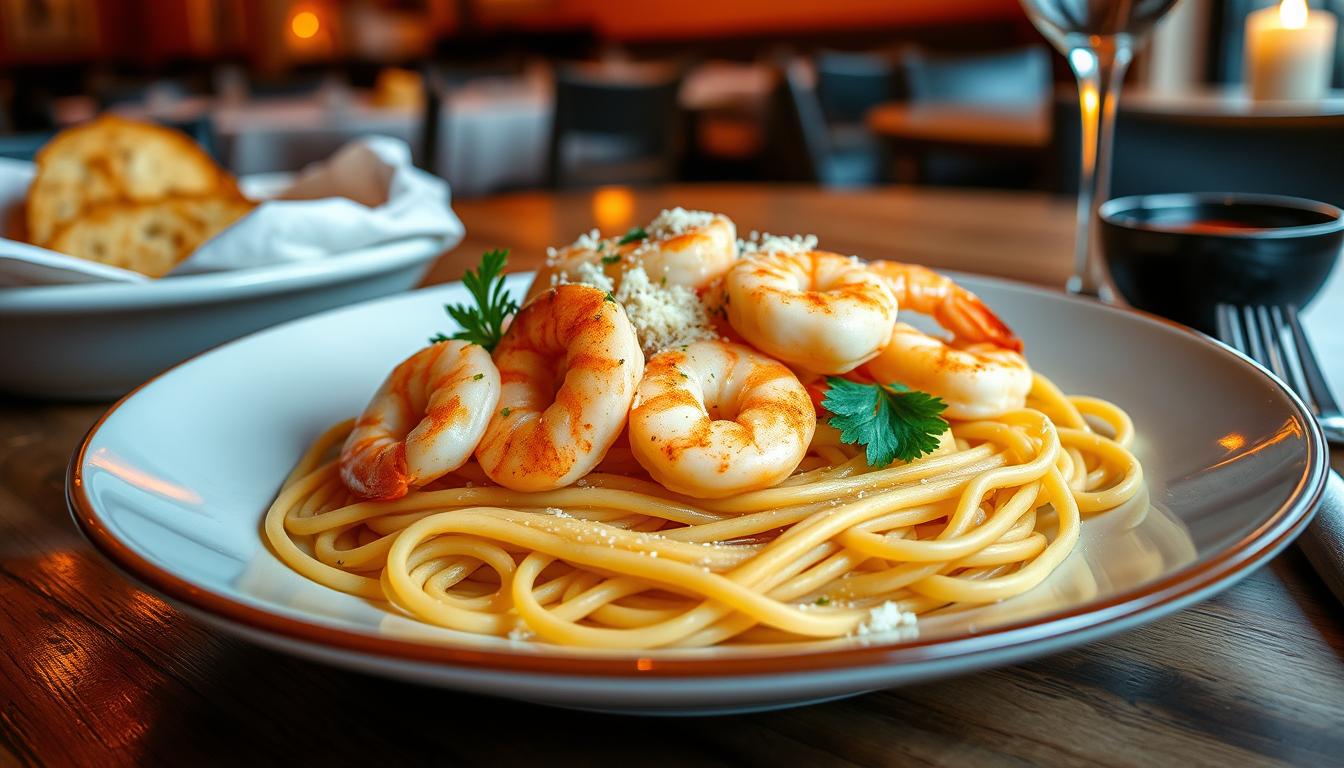 Red Lobster Shrimp Scampi Recipe close up of shrimp in garlic butter sauce with parsley garnish