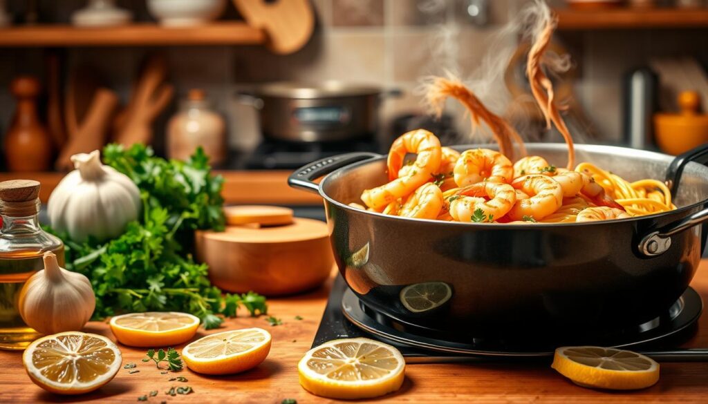 Close-up of Olive Garden Shrimp Scampi with fresh parsley garnish

