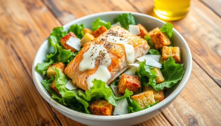 Grilled salmon caesar salad with fresh romaine lettuce and parmesan cheese