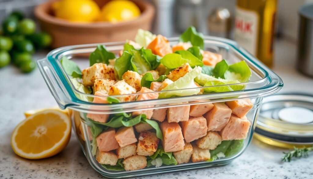 Healthy salmon caesar salad topped with croutons and creamy dressing