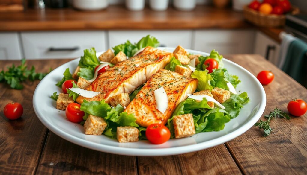 Pan-seared salmon served on a classic caesar salad