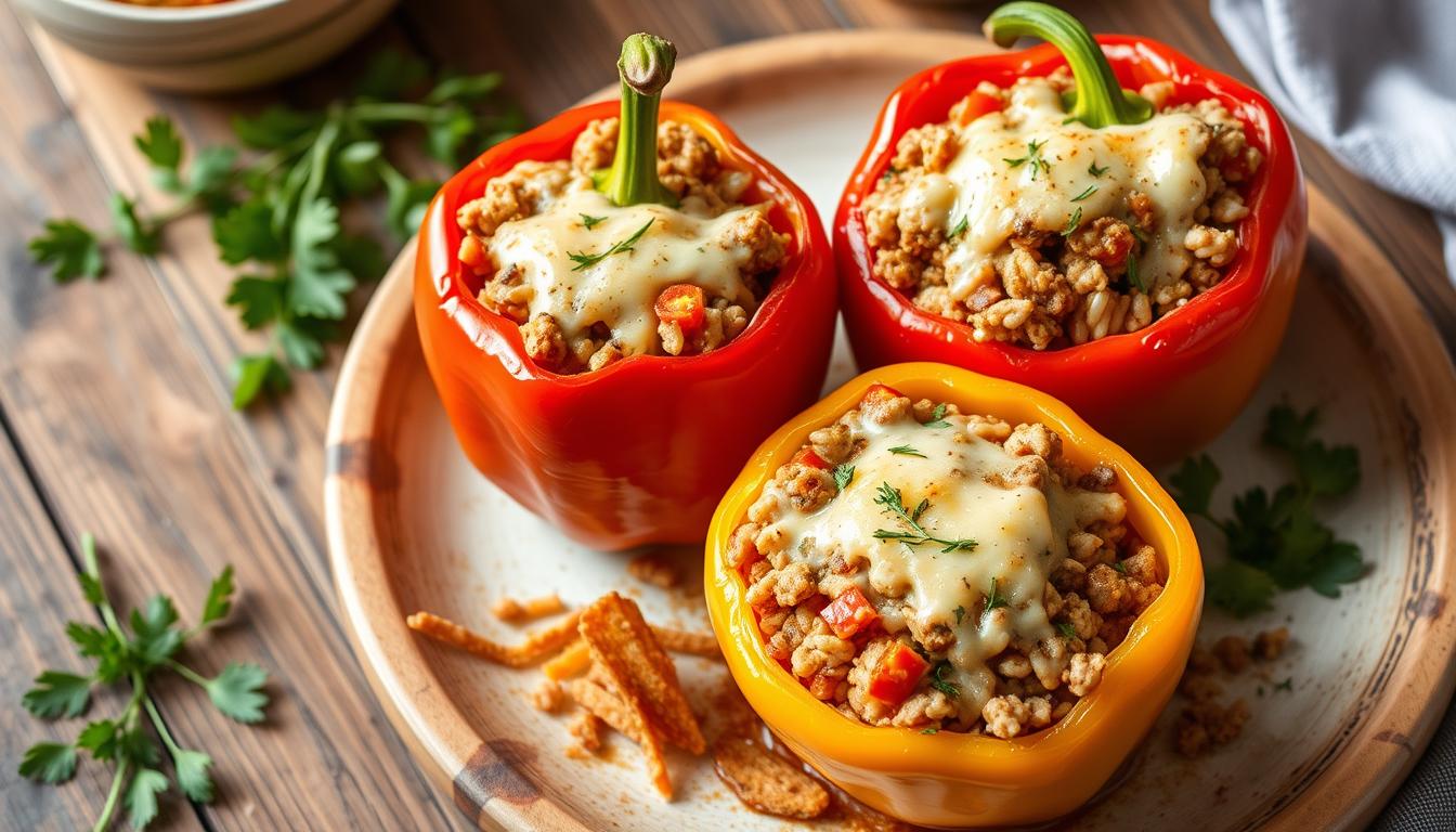 Low-carb turkey stuffed peppers garnished with fresh herbs