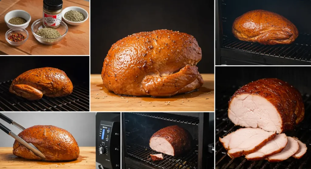 Turkey breast being prepared in a flavorful brine with spices, herbs, and garlic in a large glass bowl.