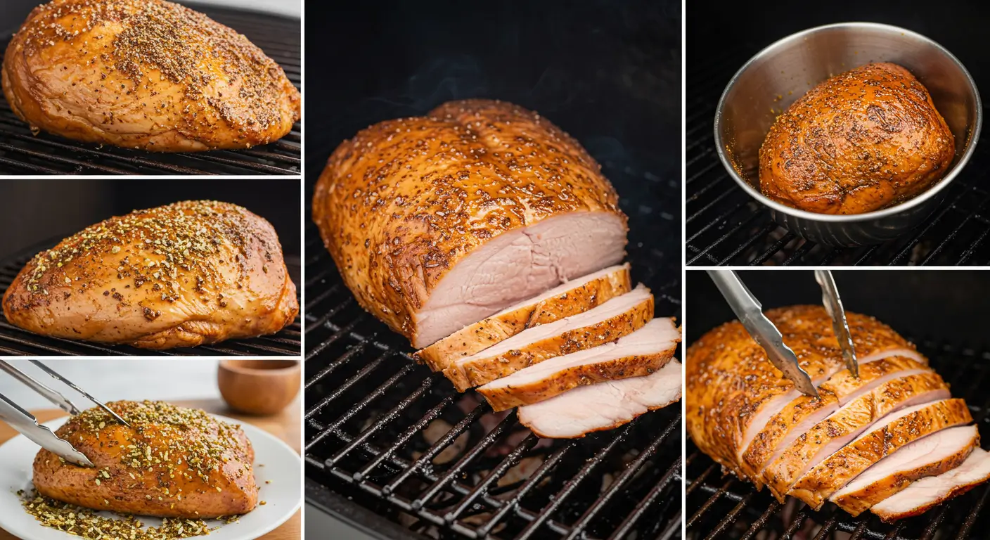 Juicy and smoky smoked turkey breast recipe served on a platter with herbs and garnish.