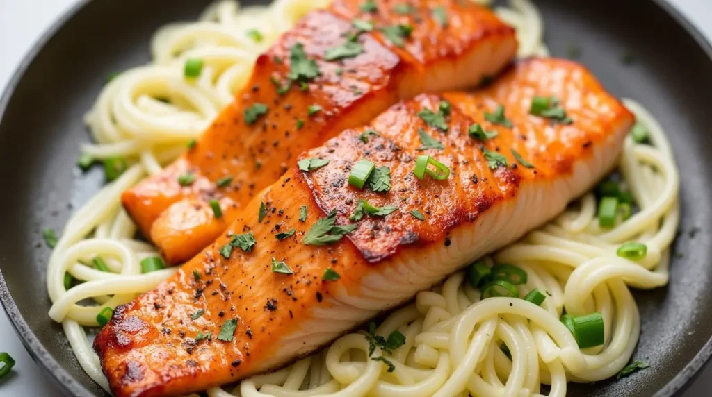 A top-down view of a gourmet dinner plate featuring pan-seared salmon, a drizzle of lemon butter sauce, and a side of mashed potatoes with steamed asparagus.