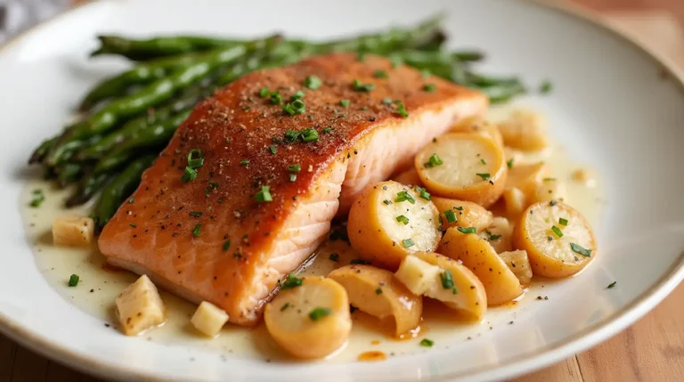 A beautifully plated pan-seared salmon fillet with a crispy golden crust, garnished with fresh herbs and lemon slices, served with roasted vegetables on a white plate.