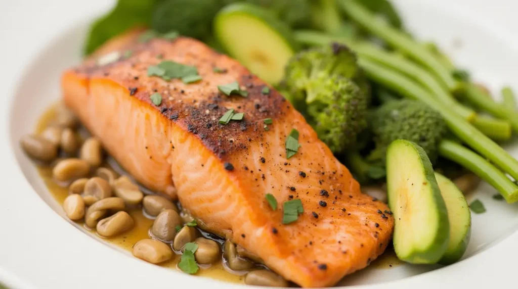 A close-up of a salmon fillet sizzling in a cast-iron skillet, with a crispy sear forming on the surface, accompanied by garlic cloves and melted butter.