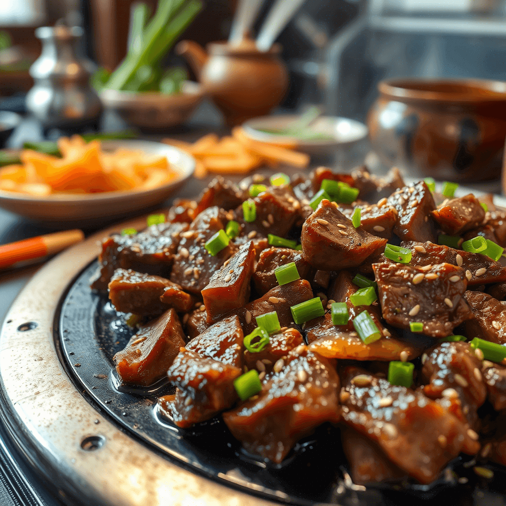 A family-style serving of beef mongolian on a large platter, surrounded by steamed rice and vegetables.