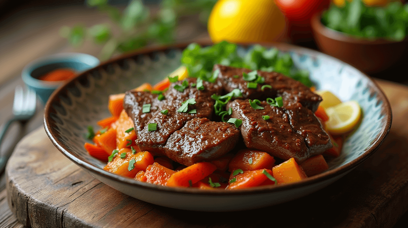 A plate of tender beef mongolian with thin slices of beef stir-fried in a savory sauce, garnished with green onions.