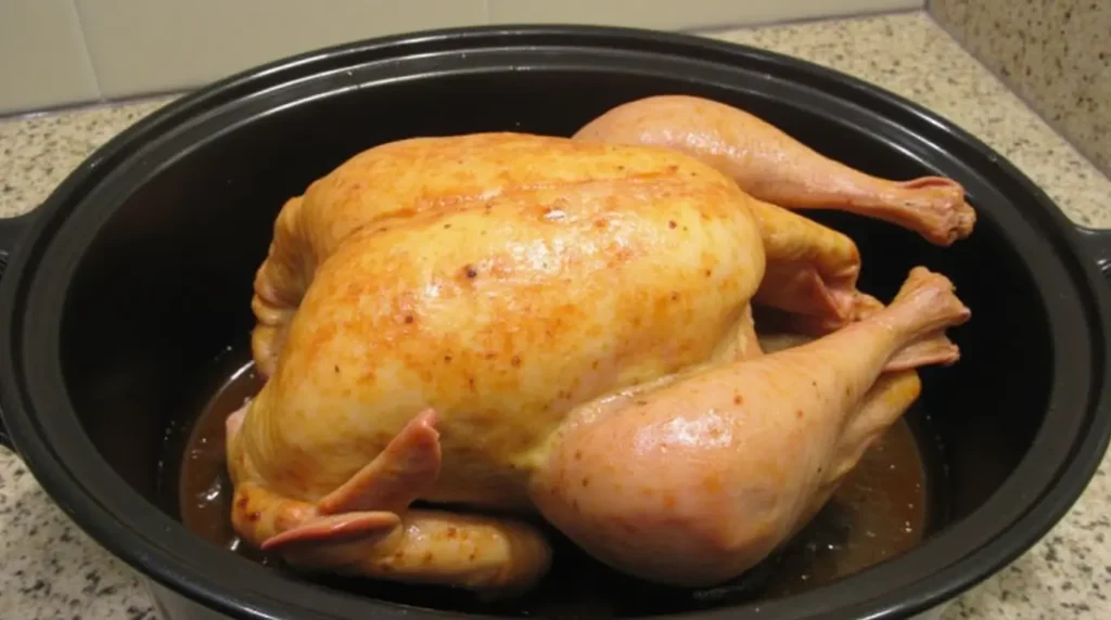 An open electric roaster showing a large turkey sitting on a rack within the appliance, ready for cooking.