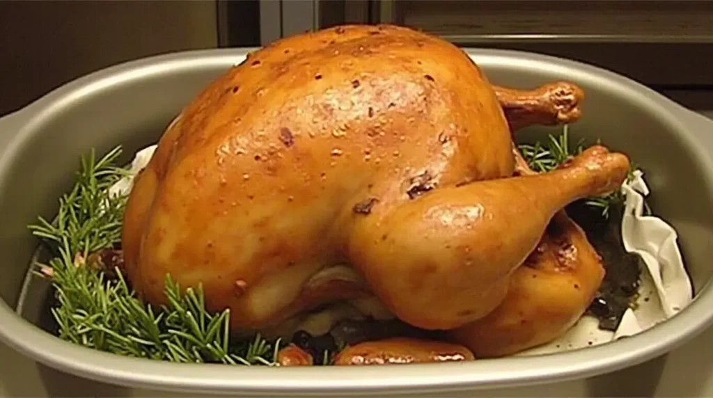 Close-up of a turkey being prepared for cooking; butter is being rubbed over its skin to ensure crispiness once cooked.