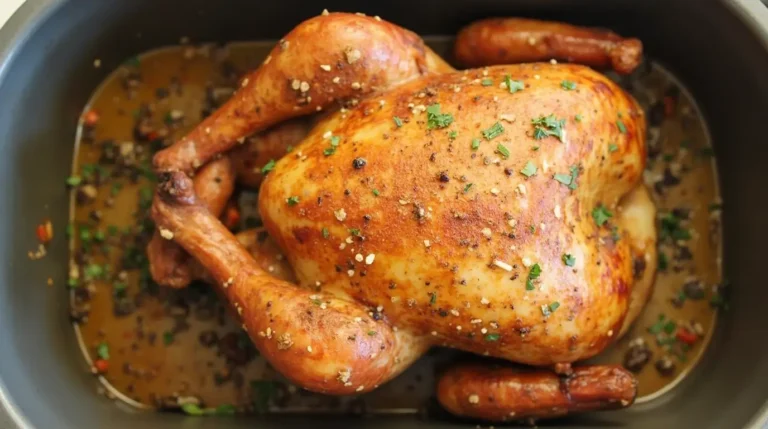 A fully cooked golden-brown turkey inside an electric roaster oven, surrounded by steam indicating it's freshly roasted.