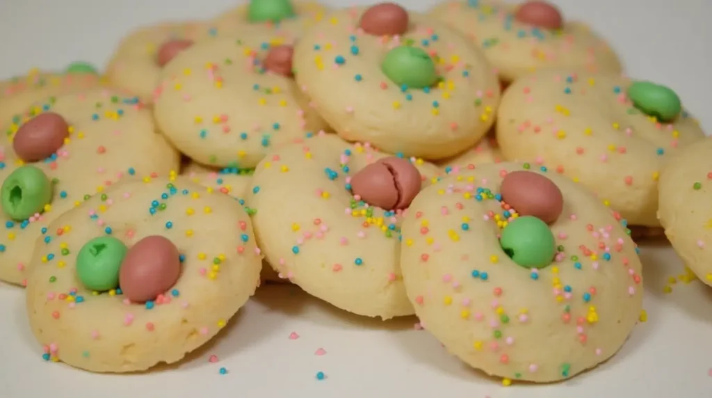 A plate of freshly glazed Italian Easter Cookies with colorful sprinkles, served alongside a cup of espresso on a rustic table.

