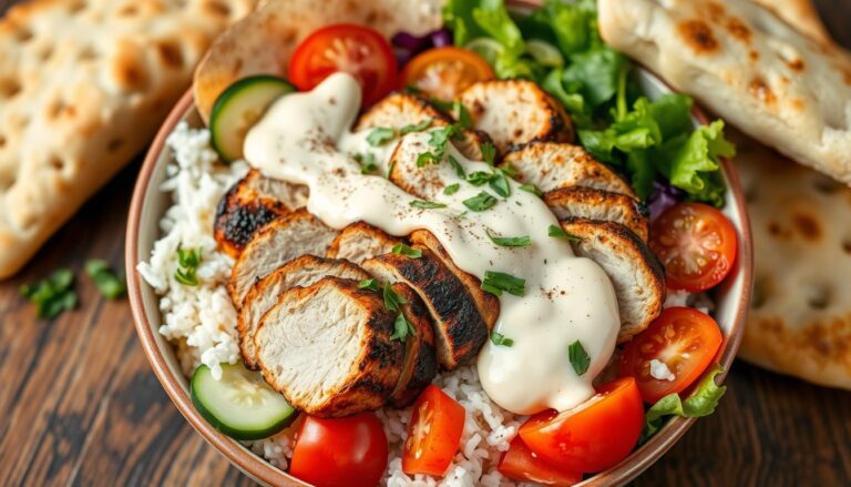 Delicious Chicken Shawarma Bowl with fresh vegetables and creamy sauce