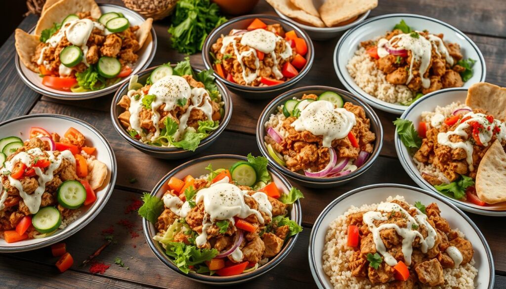 Chicken Shawarma Bowl with rice, veggies, and a zesty dressing