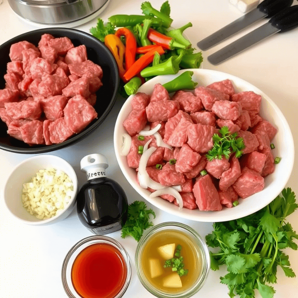 Close-up of crispy beef mongolian strips tossed in a glossy, umami-packed sauce with red peppers and onions.