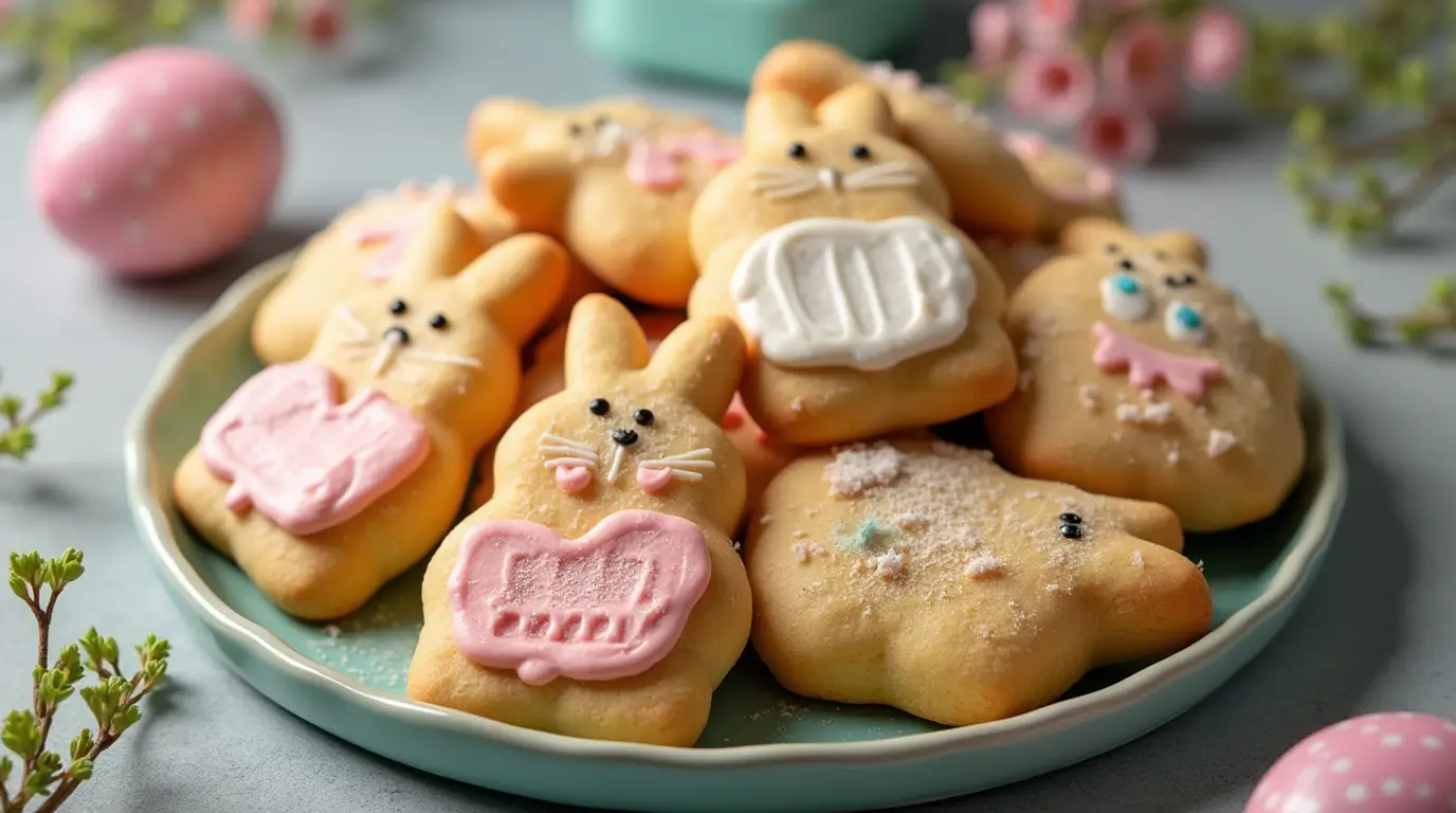 Ingredients for Italian Easter Cookies, including flour, sugar, butter, eggs, and rainbow sprinkles, arranged neatly on a kitchen counter.