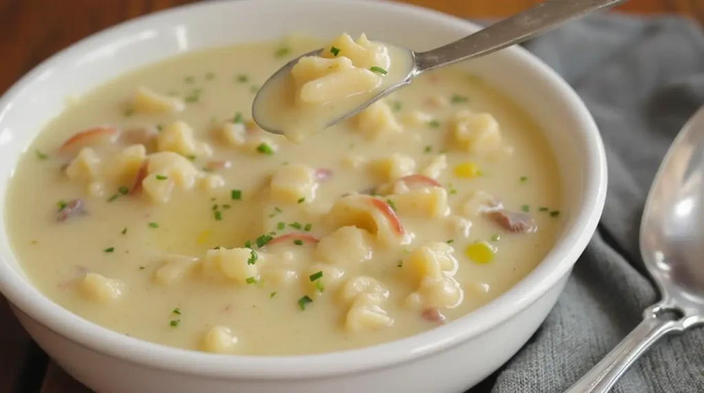 Close-up of a spoonful of creamy Ivars Clam Chowder showing visible pieces of clams and vegetables.