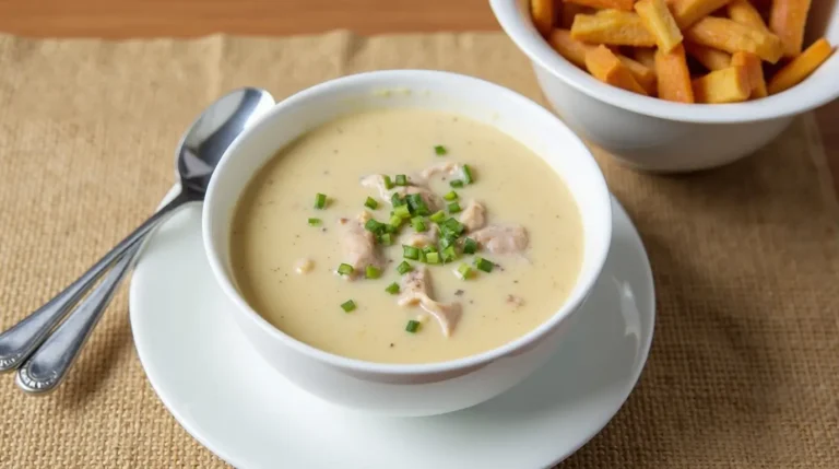 A steaming bowl of Ivars Clam Chowder with tender clams, celery, and potatoes in a creamy broth.