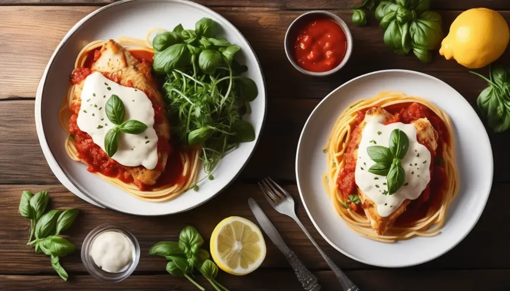 Chicken parmesan recipe step showing breading chicken cutlets with breadcrumbs and parmesan cheese